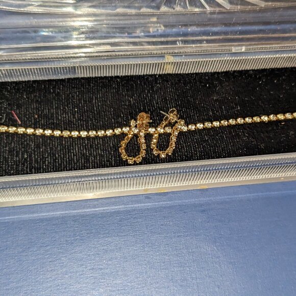 Crystal Rhinestone Box Link Bracelet 6.75" & Pierced Earrings - Picture 1 of 4